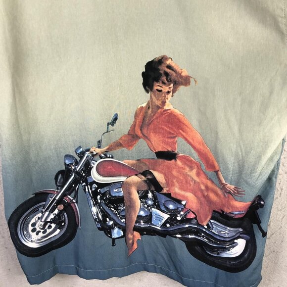 Motorcycle Pinup Shirt Mens XL Green Blue Ombre Button Front Camp Biker J/E/T - Picture 1 of 16